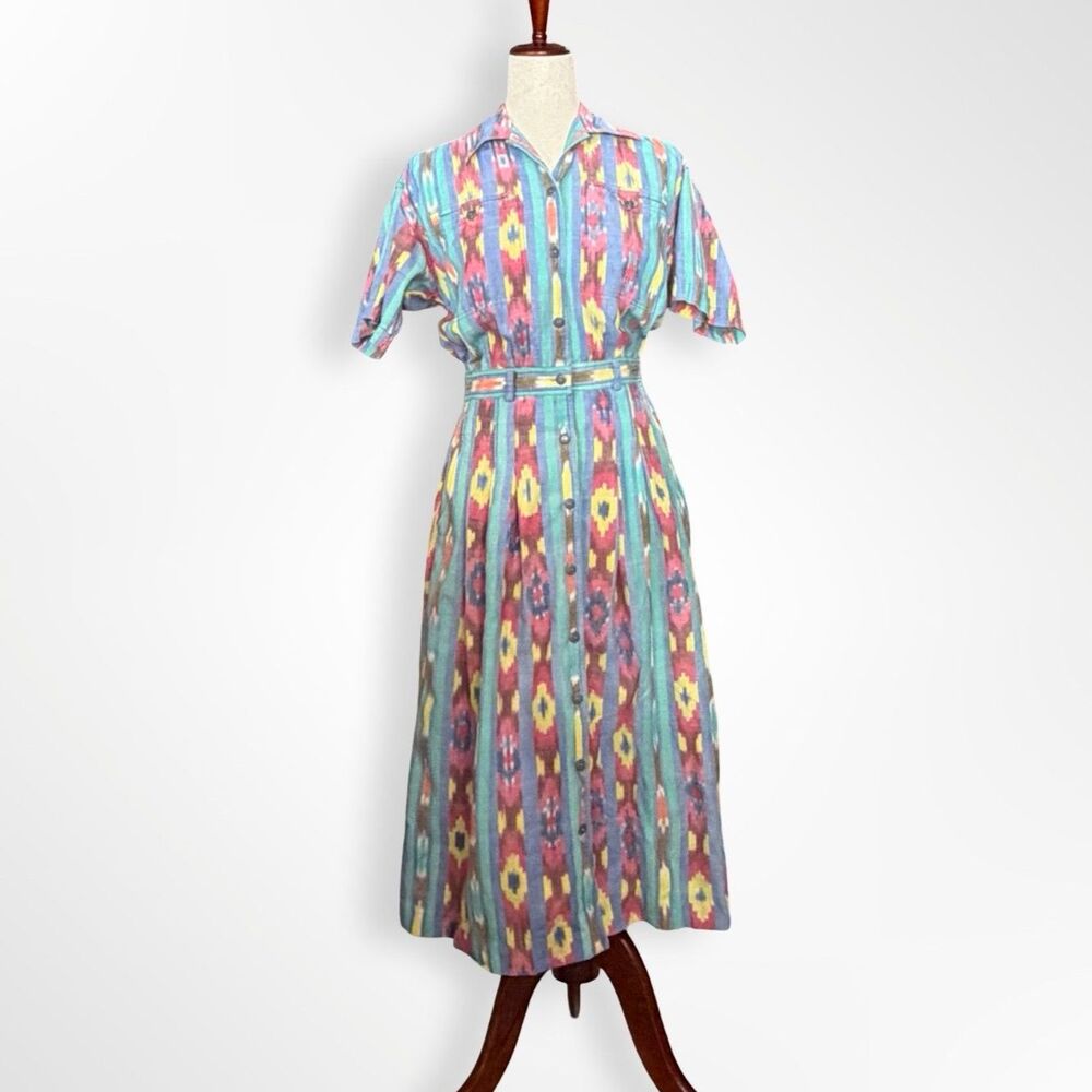 Vintage 90s Button Down Collared Maxi Shirt Dress, 4, Colorful Geometric Ikat